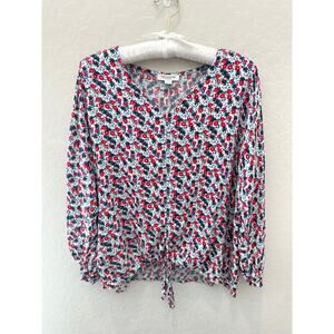 BEACH LUNCH LOUNGE | Blue Red Cottagecore Floral V-neck Front Tie Top | Medium